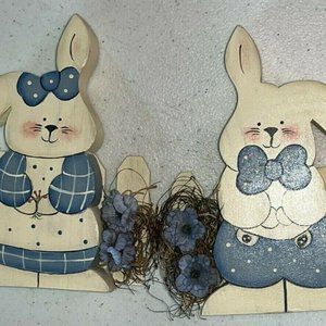 Vintage Rabbits Set of 2 Wooden Bunnies Bunny Rabbit Lot Easter Décor Country